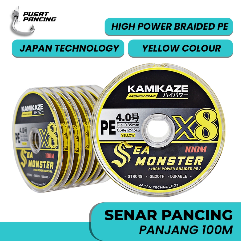 KAMIKAZE Senar PE SEA MONSTER YELLOW X8 High power braided | senar pancing pe casting & jigging