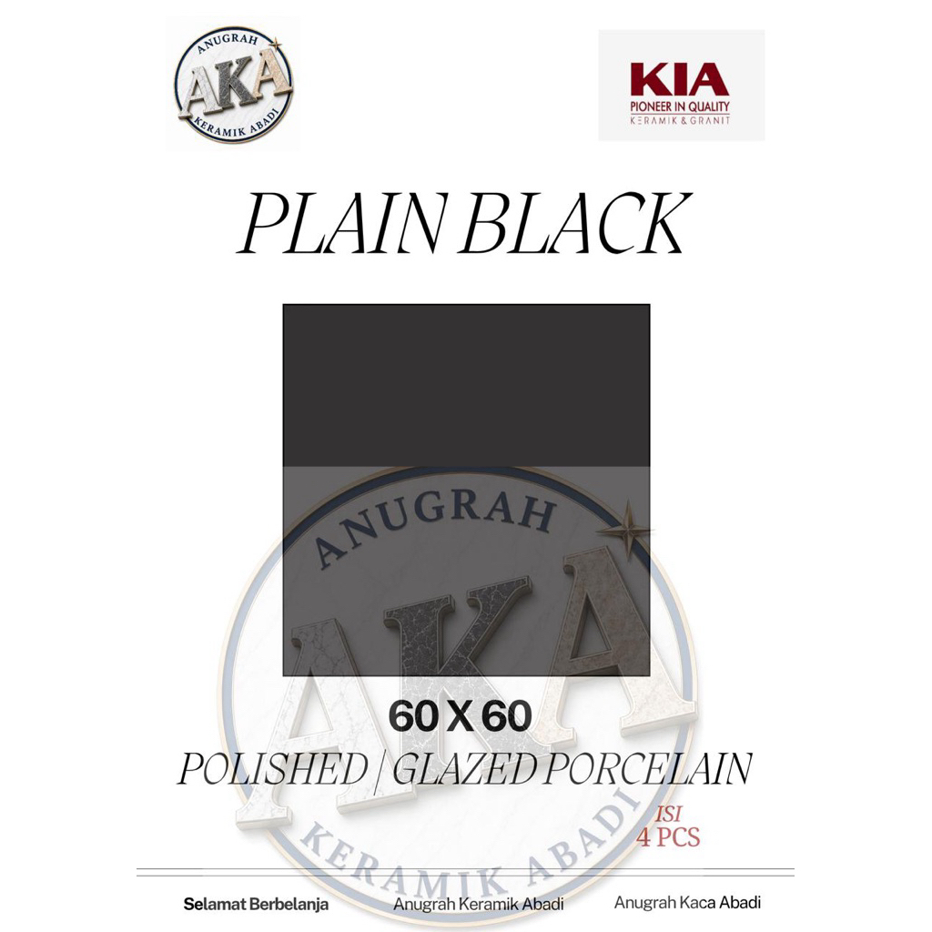 Granit Lantai / KIA / Plain Black / Hitam Polos / Glossy / 60x60