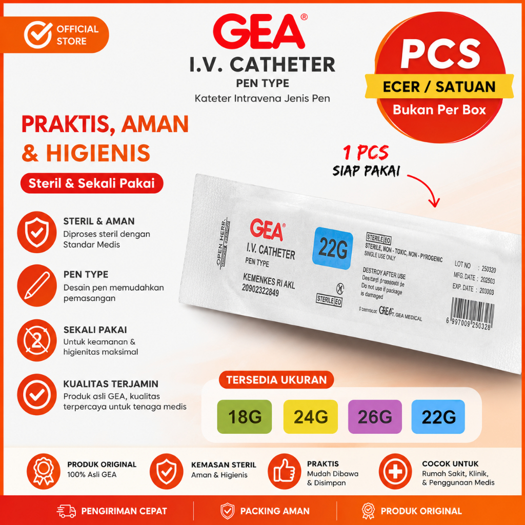 IV Cateter GEA 20g 22g 24g 26g Eceran Pcs Chateter GEA