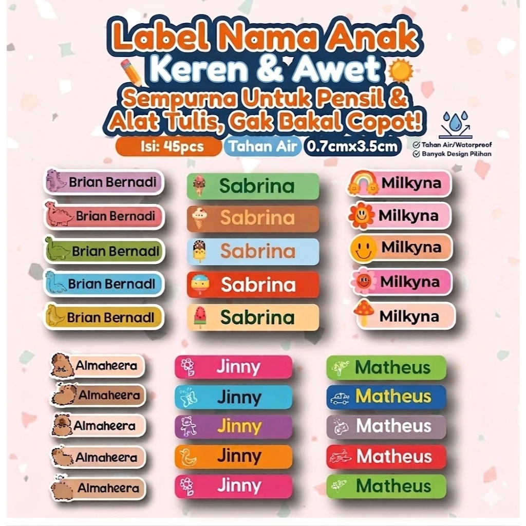 Stiker Nama Anak Lucu Anti Air Vinyl untuk Label Pensil Crayon Waterproof Custom