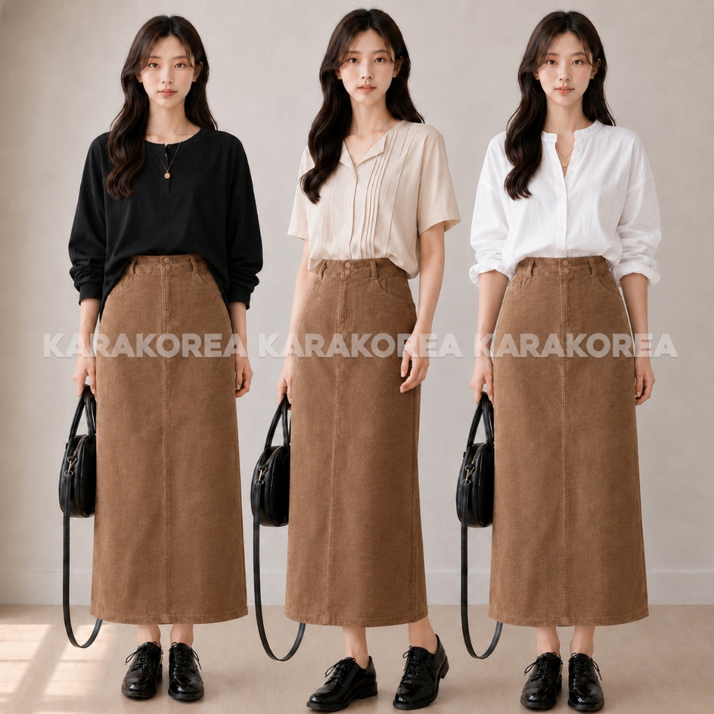 KARAKOREA 305-1 Corduroy Velvet Long Skirt/Korean Women Skirt/Maxi Skirt