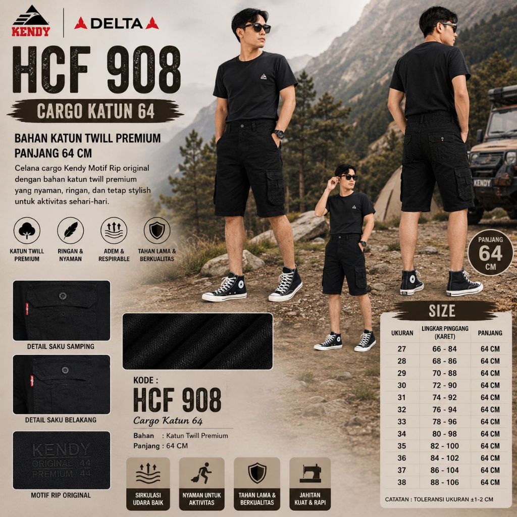 Celana KENDY Original Kargo Hitam Pendek Gembol HCF FS || 005