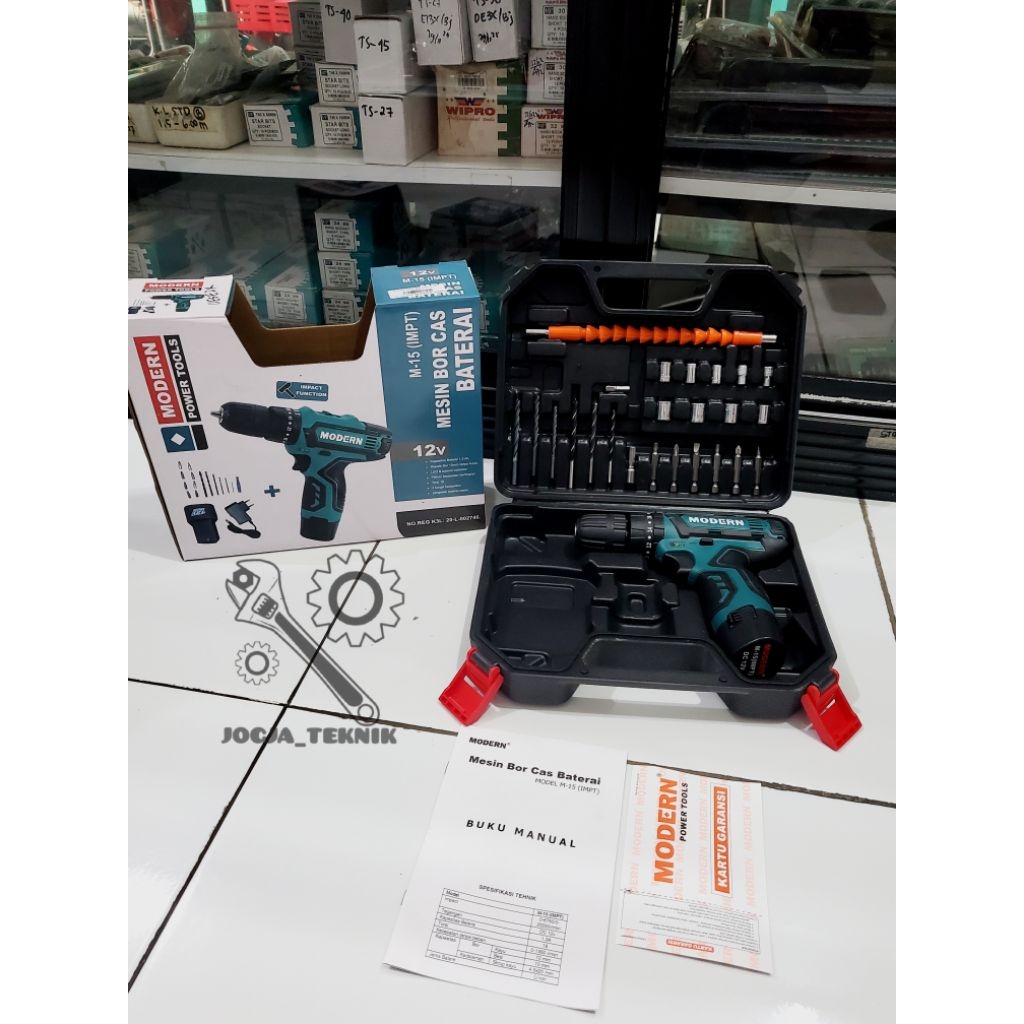 Bor Baterai Cordless Set Modern M15 Impact 2 Baterai / Impact Bor Cordless Modern M15 / Bor Cordless