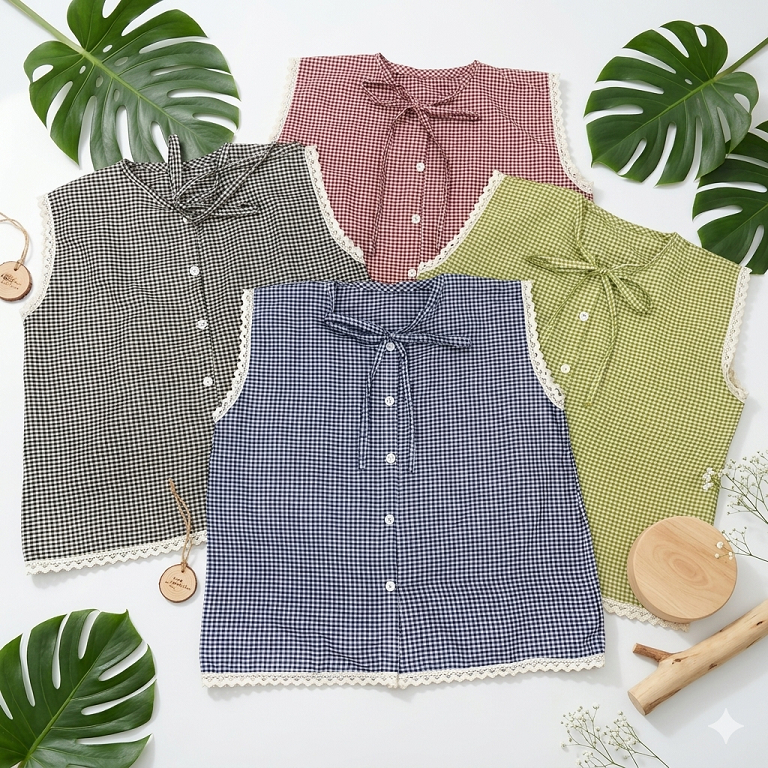 Jemma Vest Inner - Atasan Wanita Sleeveless Top - Inner Tanpa Lengan - Gingham Top Korean Style - Bl