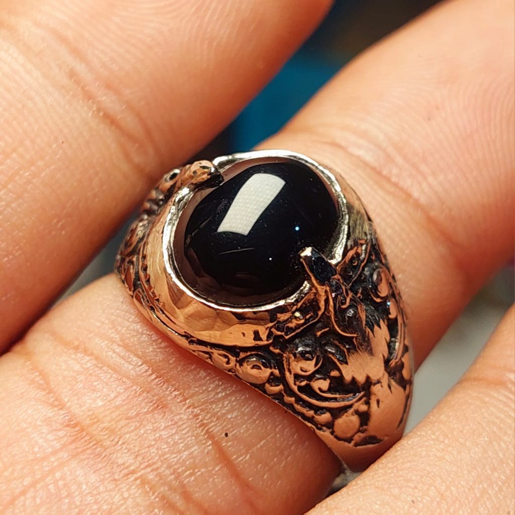 Cincin batu yaman hitam dim 12mm ring ukir cakep