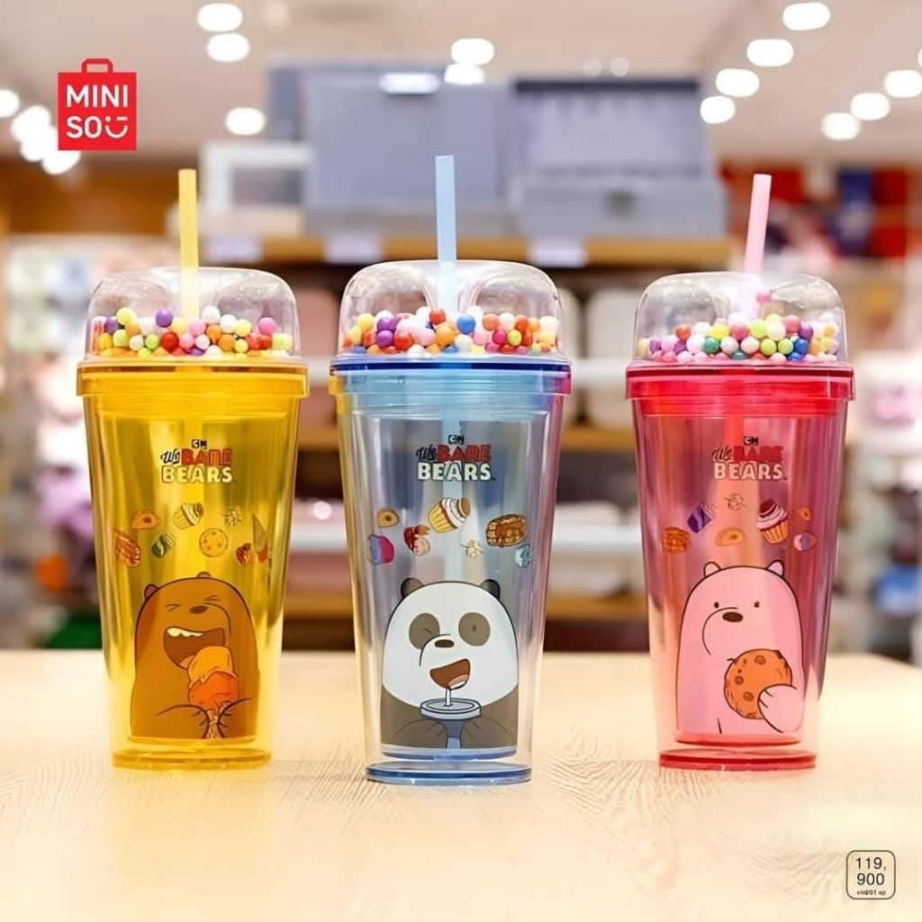 Miniso We Bare Bears plastic Tumbler 420ml / Tumbler plastik botol minum Grizzly wbb ice bear