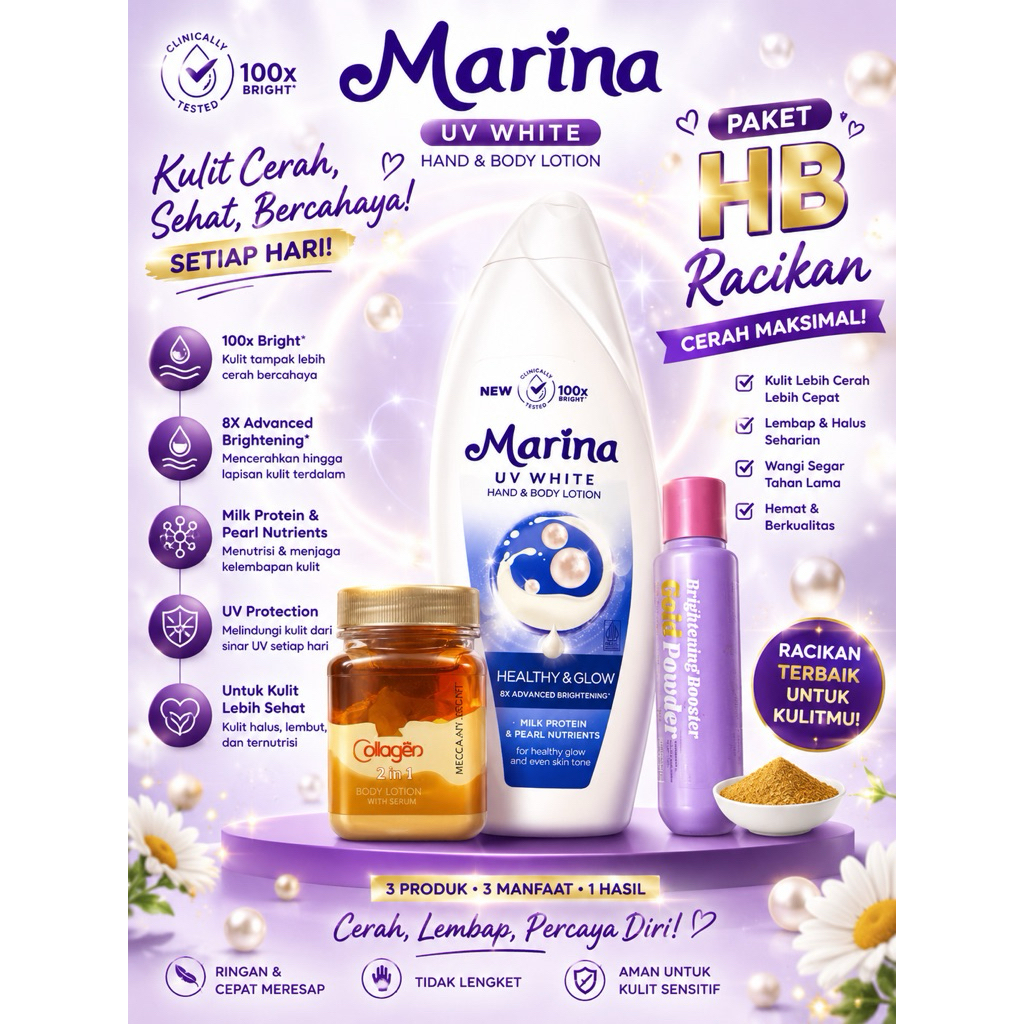 Paket Handbody Racikan (Marina 460ml + Gold Powder + Hb mecca Collagen with serum)