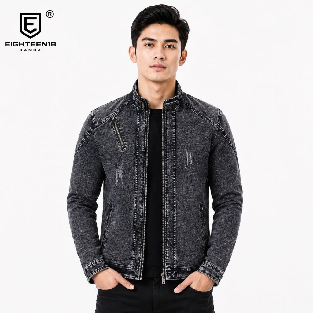 Jaket Denim Jeans Shanghai Biker || Jaket Resleting Polos Snow || Jaket Fashion Pria Kasual Hitam