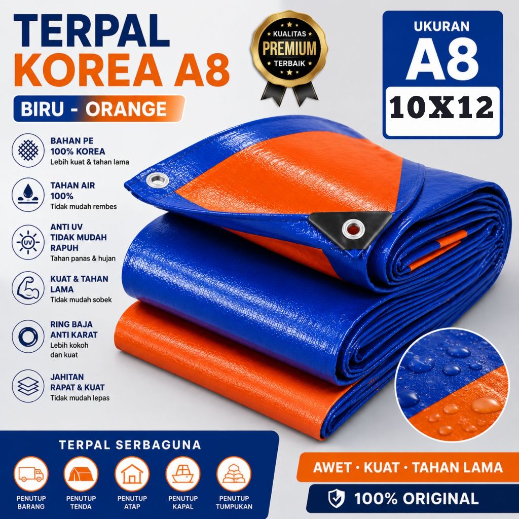 Terpal A8 Korea Ukuran 10x12 Sudah Ring Mata Ayam Tebal Kaku Ulet - Terpal Plastik Penahan Panas & H