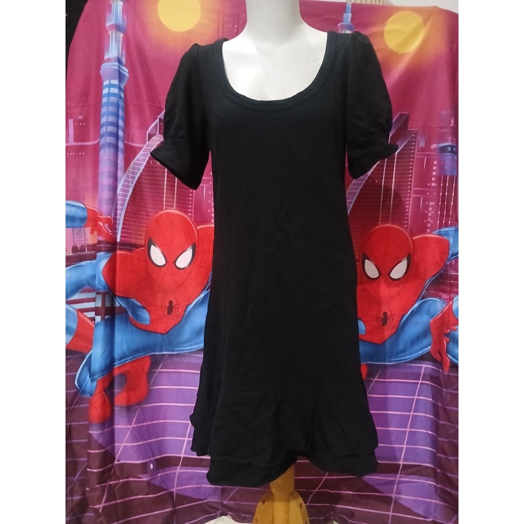 PRELOVE Dress Hitam Polos Casual Lengan Balon - Atasan Tunik Wanita Ruffle Mini