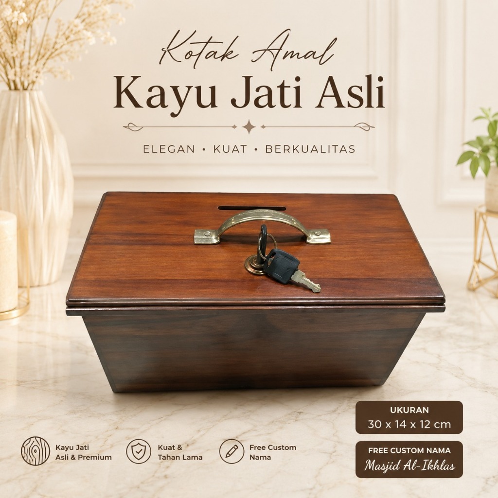 Kotak Amal Kayu Jati Asli Premium | Kotak Infaq Masjid Berkunci Free Custom Nama | Kotak Donasi Masj