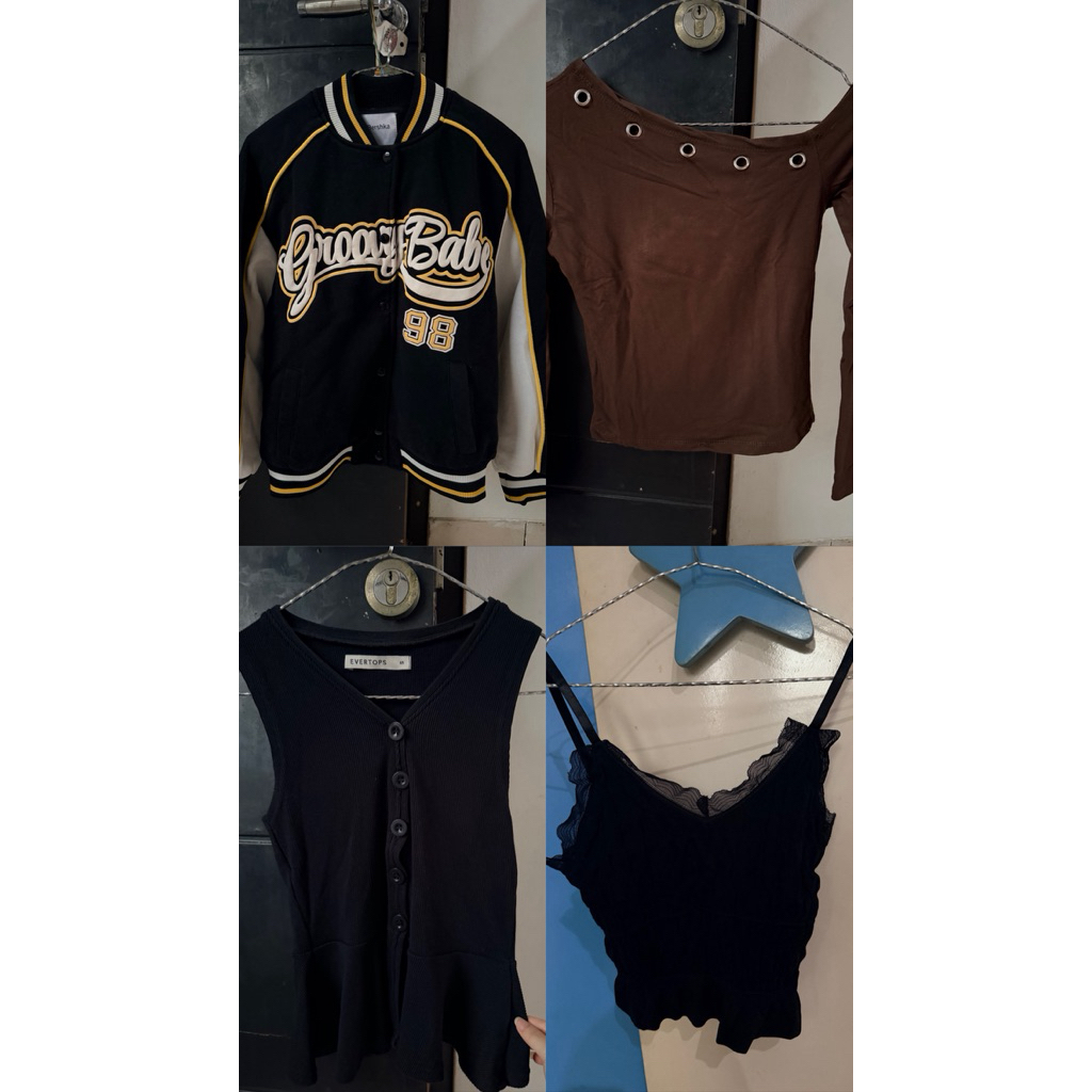 (preloved) varsity jacket bershka, tanktop
