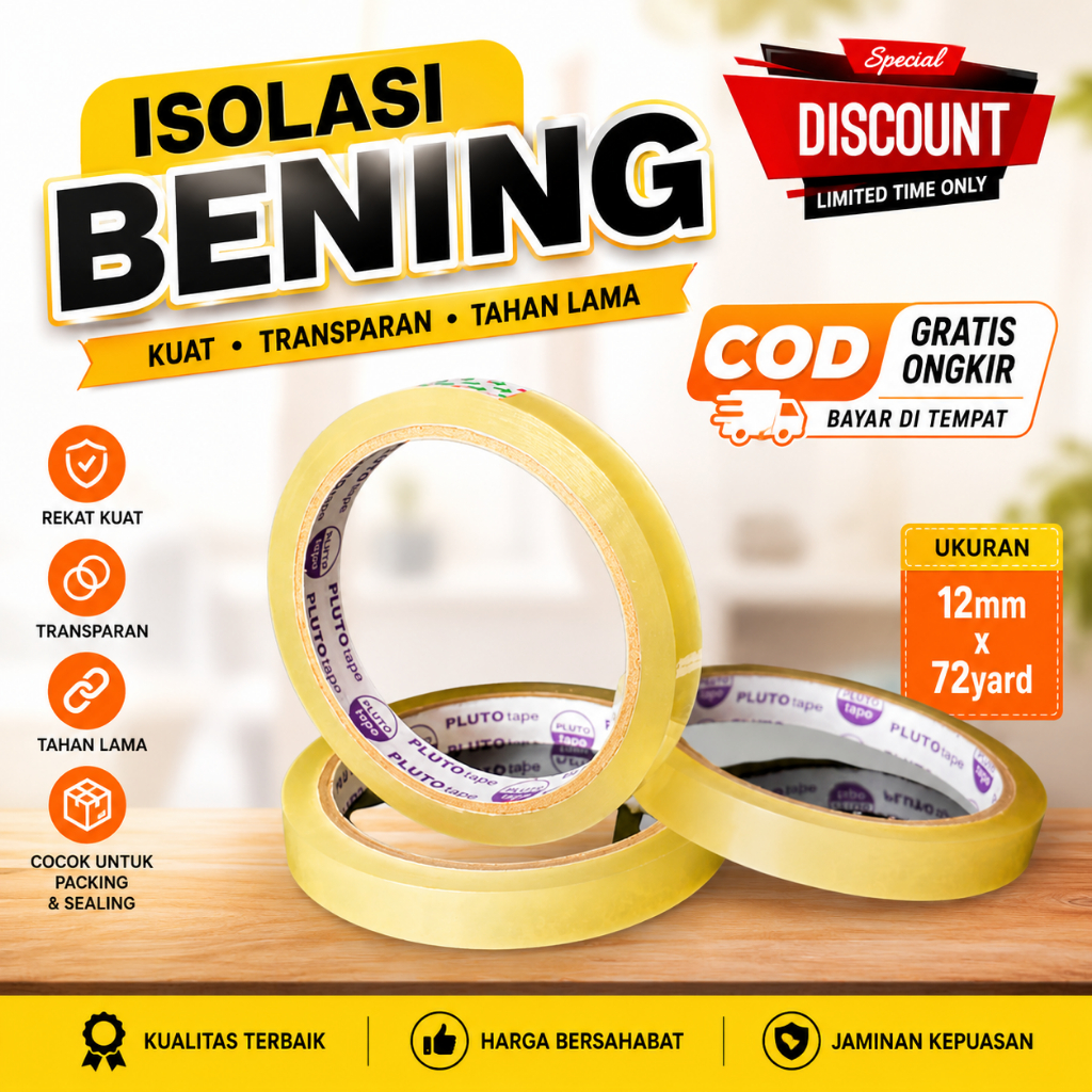 ISOLASI 12MM | SOLASI BENING 12MM | LAKBAN BENING 12MM | SELOTIP 12MM