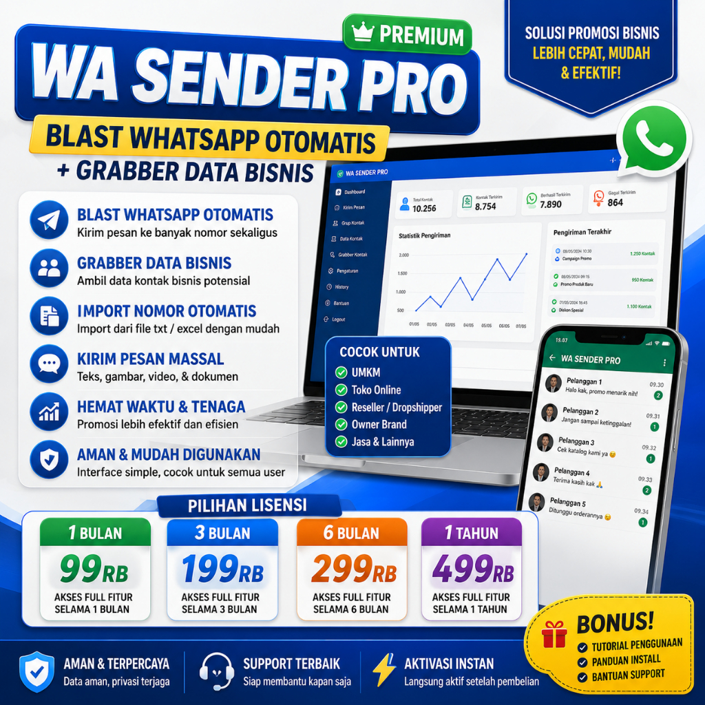 WA Sender Pro Premium | Blast WhatsApp Otomatis + Grabber Data Bisnis | Lisensi 1 Bulan / 3 Bulan / 