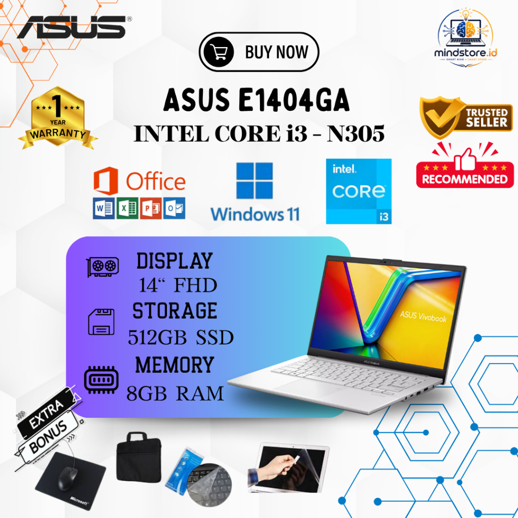 ASUS E140GA [ INTEL CORE i3 - N305 ] 8GB RAM 512GB SSD | WINDOWS 10 | FREE ACC