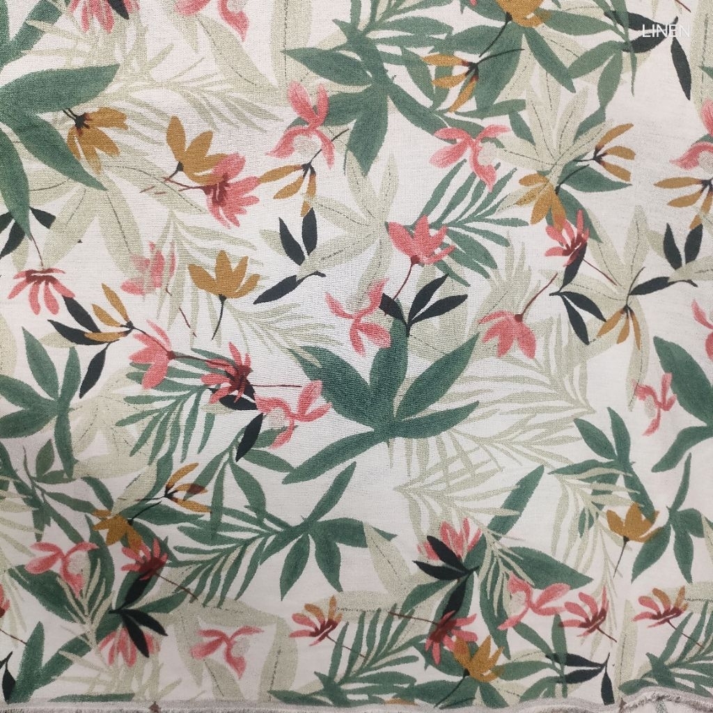 87 RAJATEX.ID Bahan katun Linen Motif daun monstera - Kain Linen Bahan Linen Motif floral - Pure lin