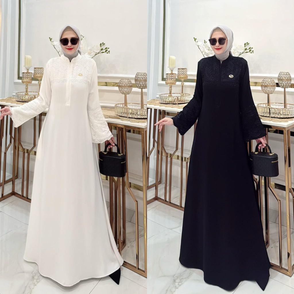 Nasya clematis dress gamis terbaru cantik mewah nyaman pakai hitam putih seragaman wanita remaja mus