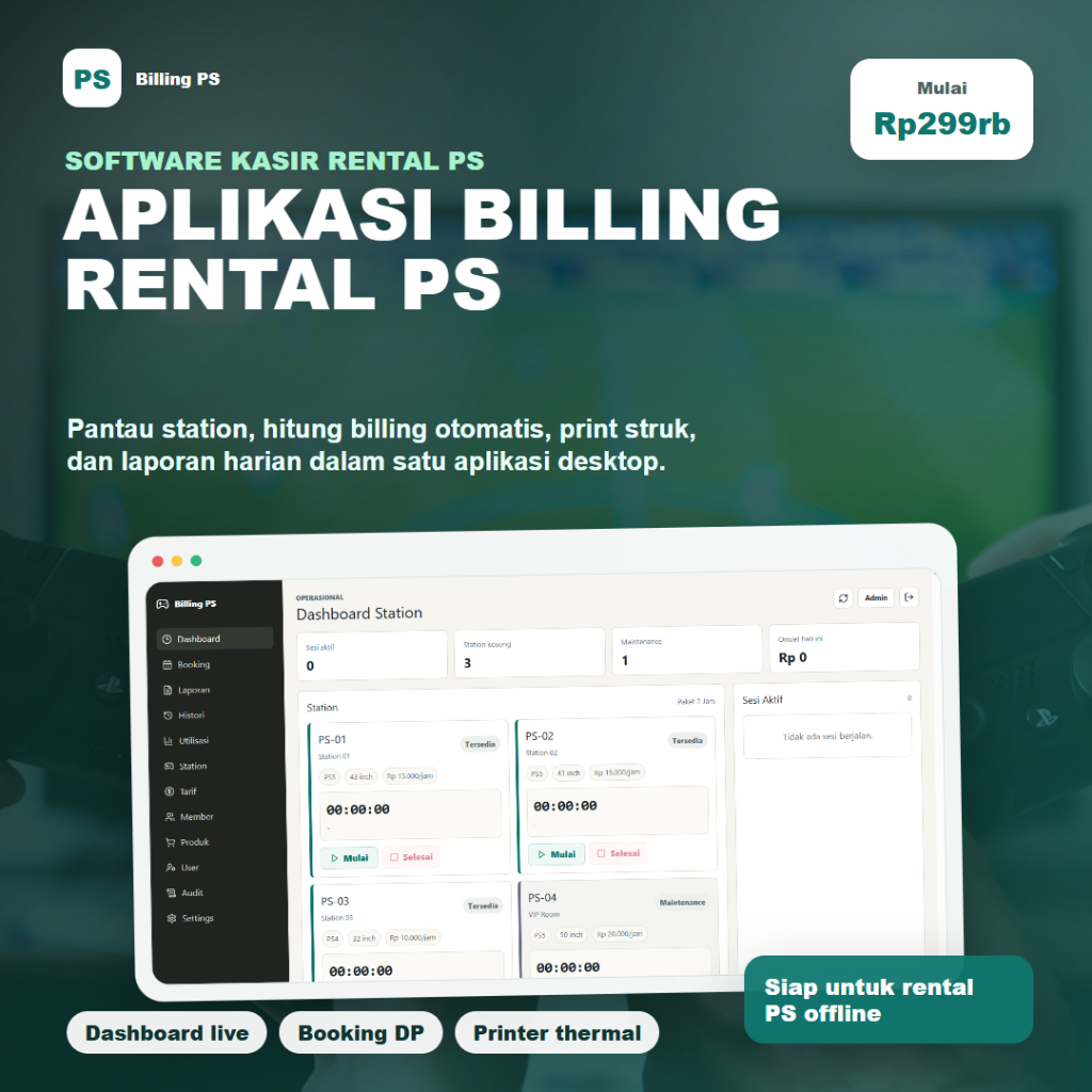 ID TECH Aplikasi Billing Rental PS / PlayStation - Kasir Rental PS, Timer, Booking, Struk, Laporan, 