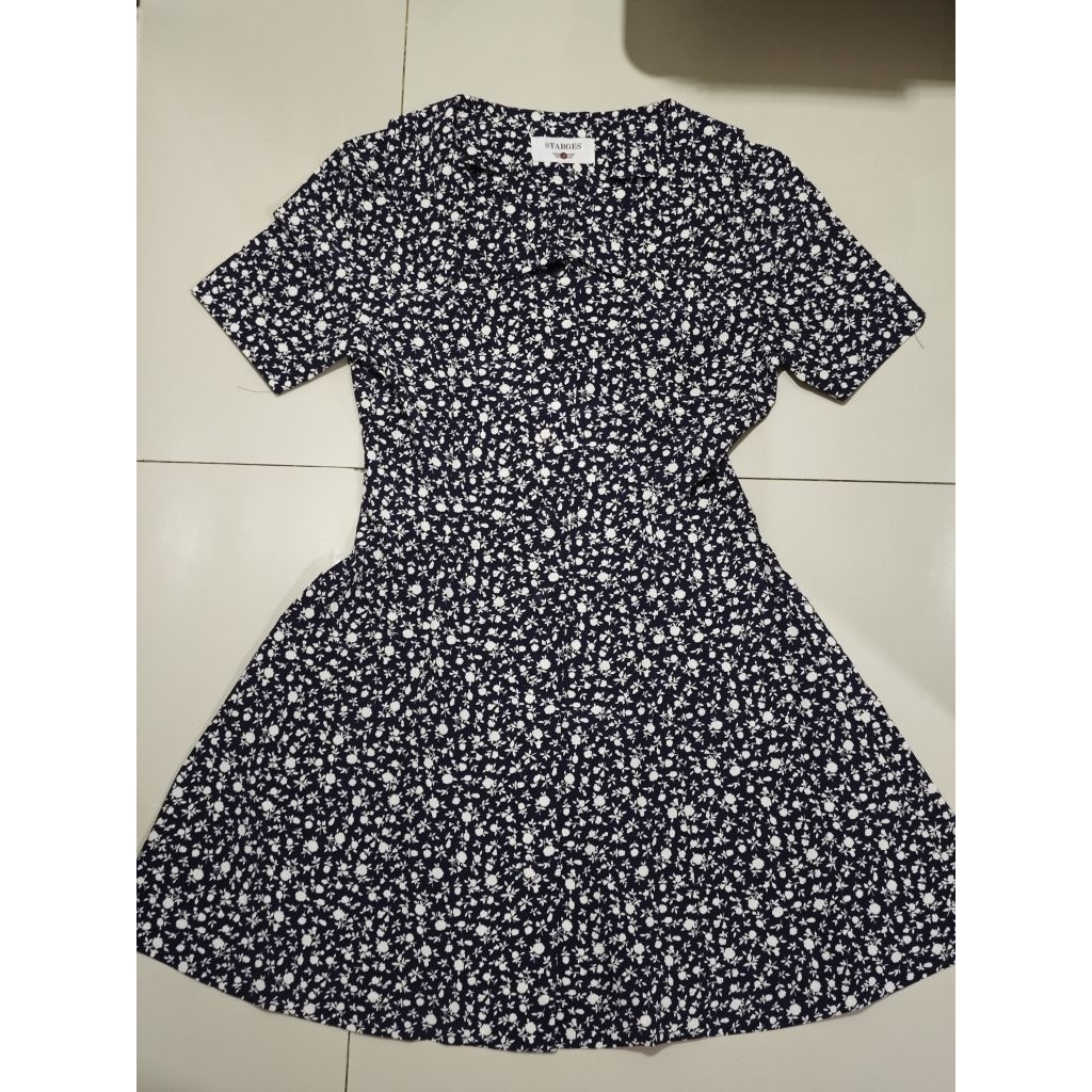 Dress biru navy motif bunga putih korea style LD 94