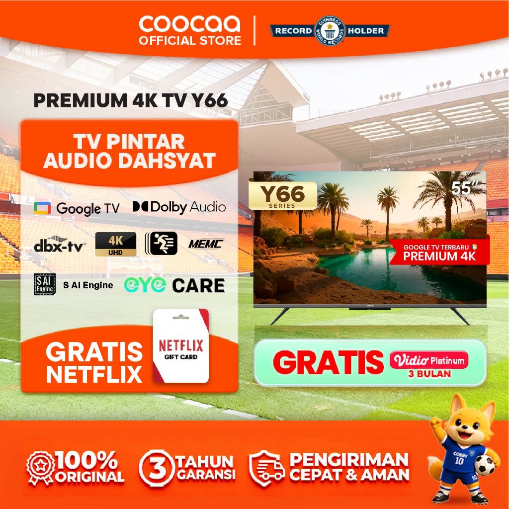 TERBARU COOCAA TV 55 inch Y66 - 4K Google TV - S AI Engine - MEMC - HDR10/HLG - Find My Remote - Eye