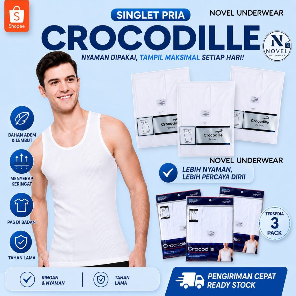 [ 6 pcs ] Singlet Crocodile 801 V Kaos Dalam Pria Putih Salur | Pakaian Dalam Pria Singlet Crocodile