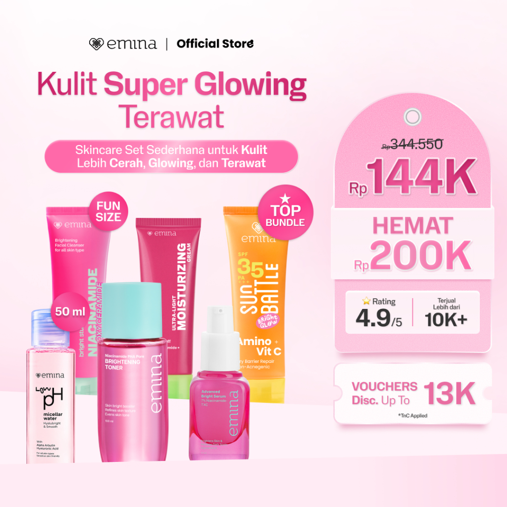 [MUST HAVE] GLOW COMPLETE KIT EMINA BRIGHT STUFF ISI 5 (Micellar Water, Face Wash, Toner, Serum, Moi