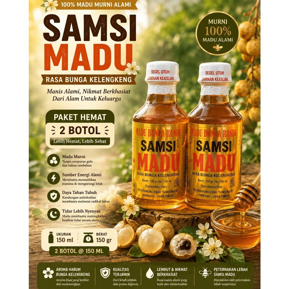 PAKET 2 BOTOL SAMSI MADU KELENGKENG 650 ml Murni dari Peternak Lebah Wonosalam Jombang