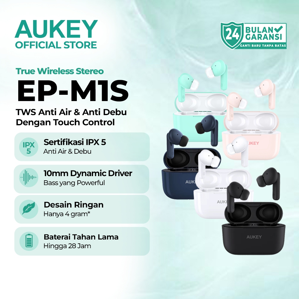 [FS] AUKEY TWS Bluetooth EP-M1S 28 Jam Bass Kuat IPX5 Earbuds 5 Warna Earphone Wireless EP-M1S
