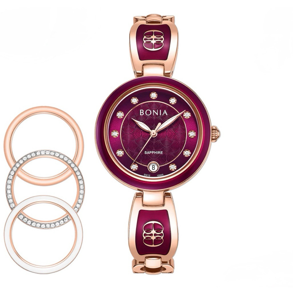 [RARE] Bonia Elegance 3 Top Rings Set BNB10865-2567S Purple Dial Color Women Watch
