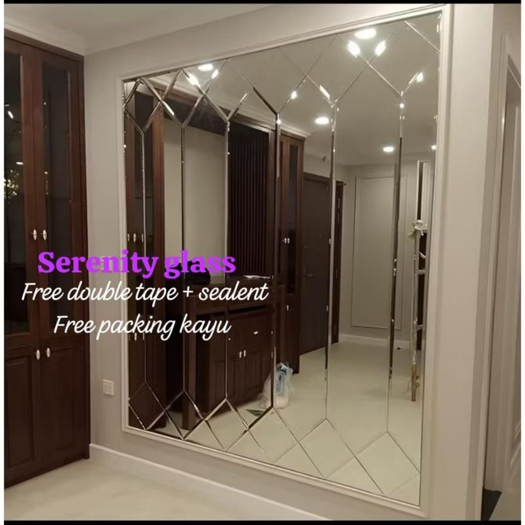 serenity glass Cermin Bevel tombak 5mm free double tip dan sealent packing kayu