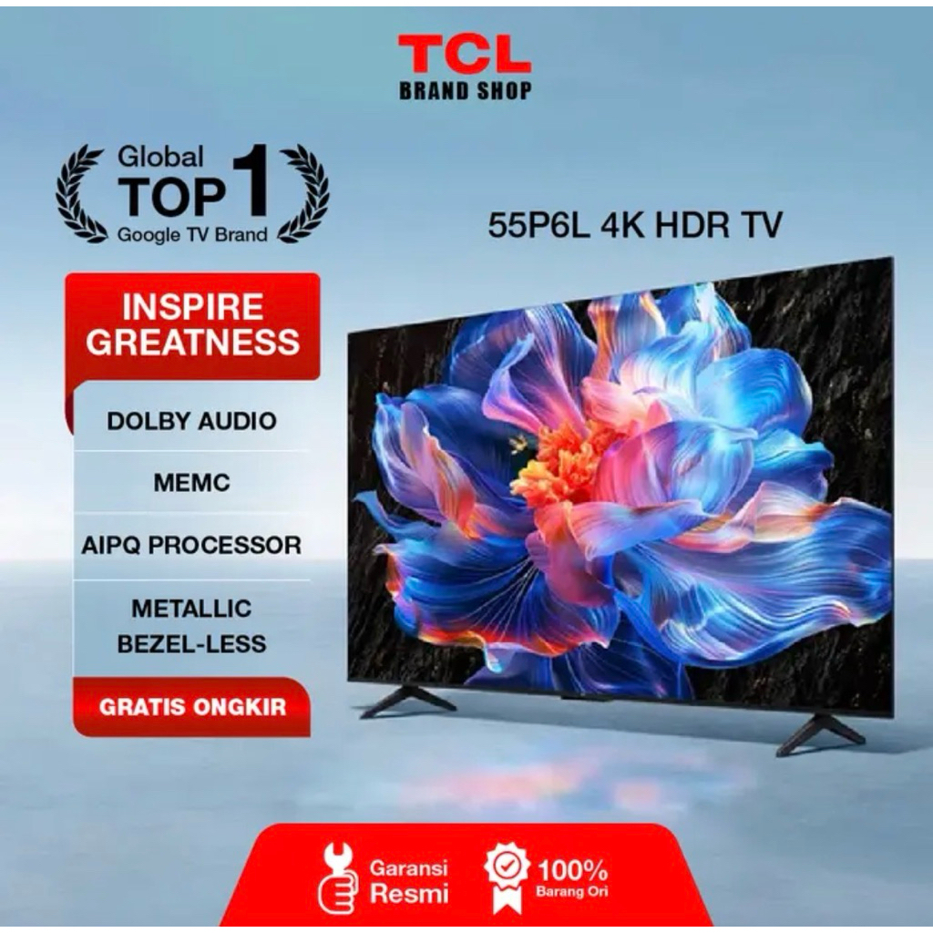 TCL TV 55 Inch 4K Ultra Google tv HD 55P6L Layar LCD TV LED 3840x2160 60Hz HDR  Garansi Resmi