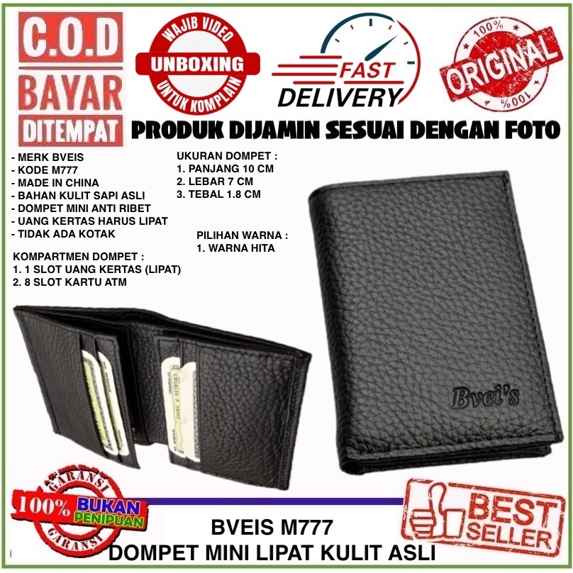 C.O.D Bveis M777 Dompet Mini Lipat Kulit Asli Kilat Pria Wanita Anti Ribet