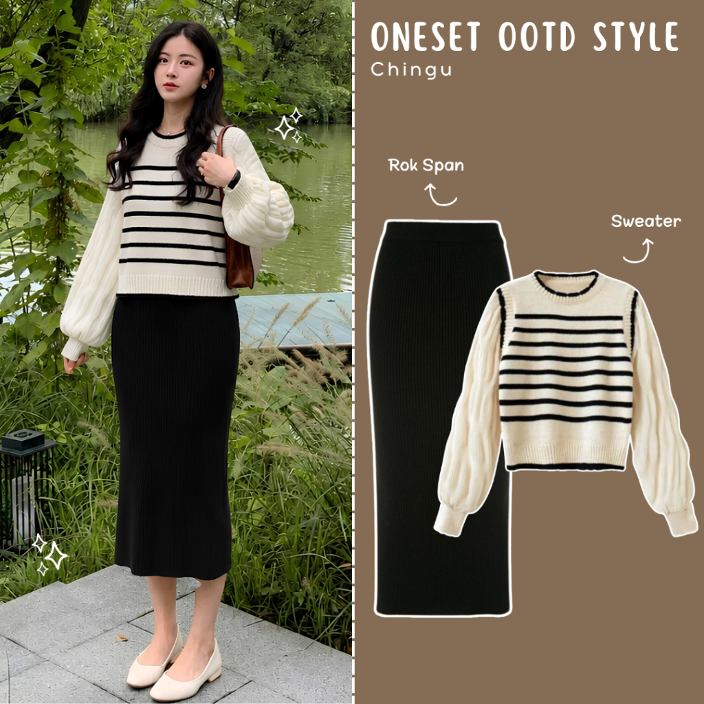 Chingu Setelan Outfit Korean Style | Sweater Putih + Rok Span Plisket Hitam | One Set Wanita Clean L