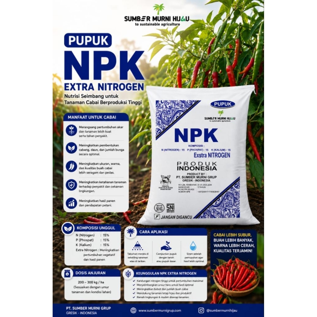 Pupuk Non Subsidi Npk 15-15-15 Extra Nitrogen Sumber Murni Hijau kemasan 50 kg biru