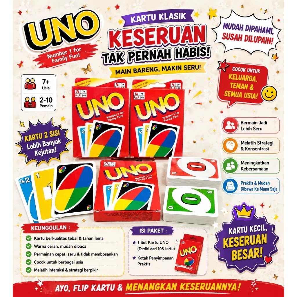 UNO FLIP Kartu Dan UNO Card Game Klasik Permainan Keluarga Card Game Double Sided Seru Edukatif Main