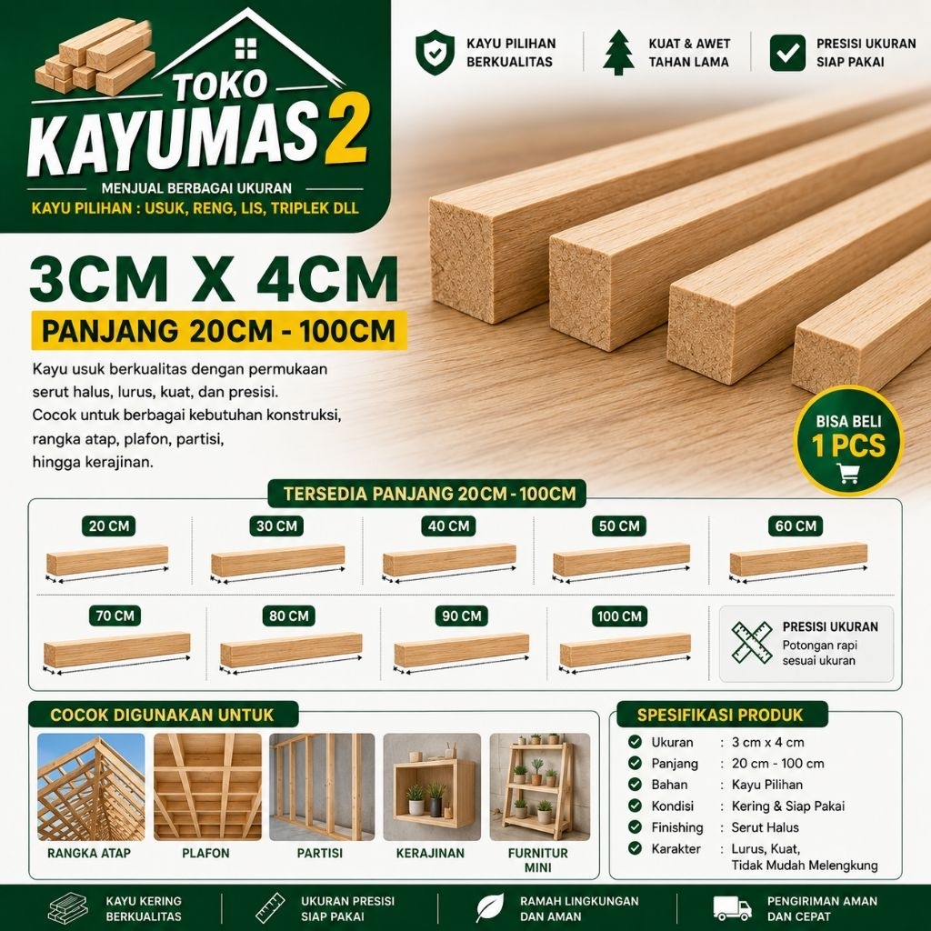 Kayu Usuk Meranti 3x4 cm Panjang 20-100 cm | Kayu Kering Serut Halus Presisi | Cocok Rangka, Partisi