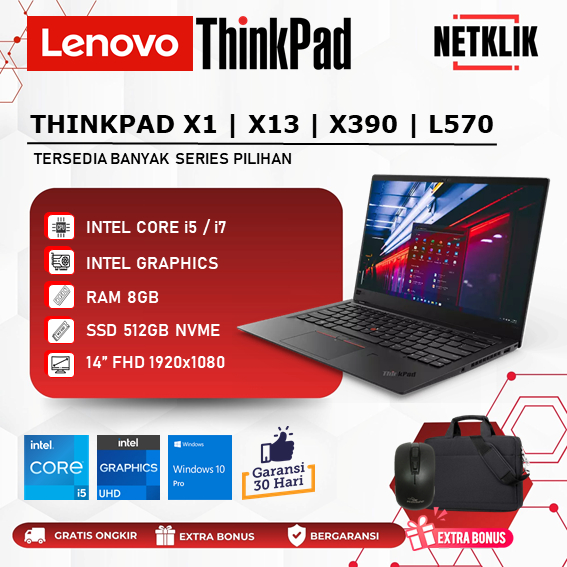 Lenovo Thinkpad X1 Carbon / X13 / X280 / L570 Intel Core i5 /i7 Lengkap Windows ORIGINAL BLACK