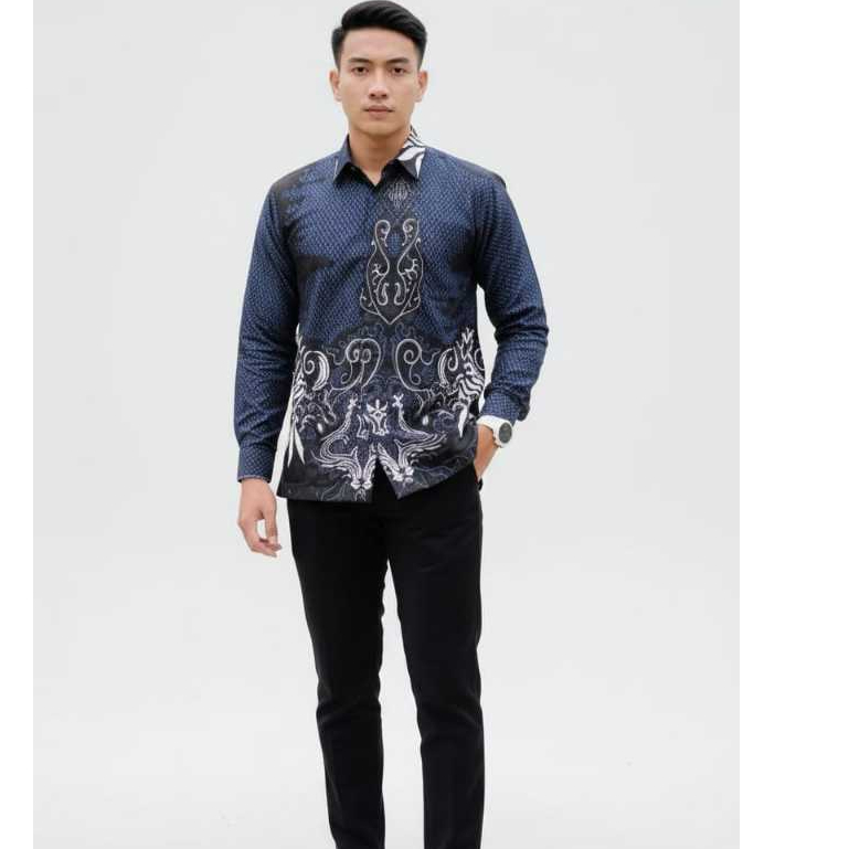 Batik Katun Lengan Kemeja Batik Pria Lengan Panjang Bahan Katun Warna Biru Tua Ukuran Lengan Panjang