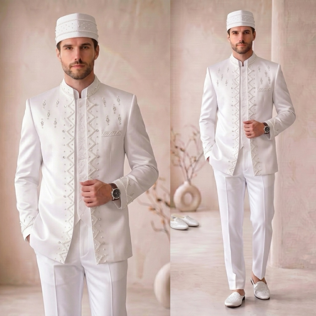 Beskap jumbo pengantin pria putih ld 130 | Basofi beskap pria pengantin payet Zig-zag premium