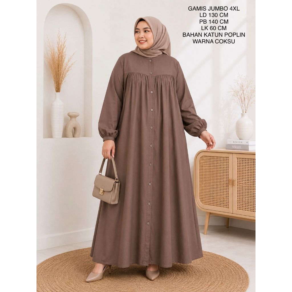 Gamis Jumbo Ld 130 Cm Bahan Katun Poplin Model Polos Kekinian - Delisha Dress