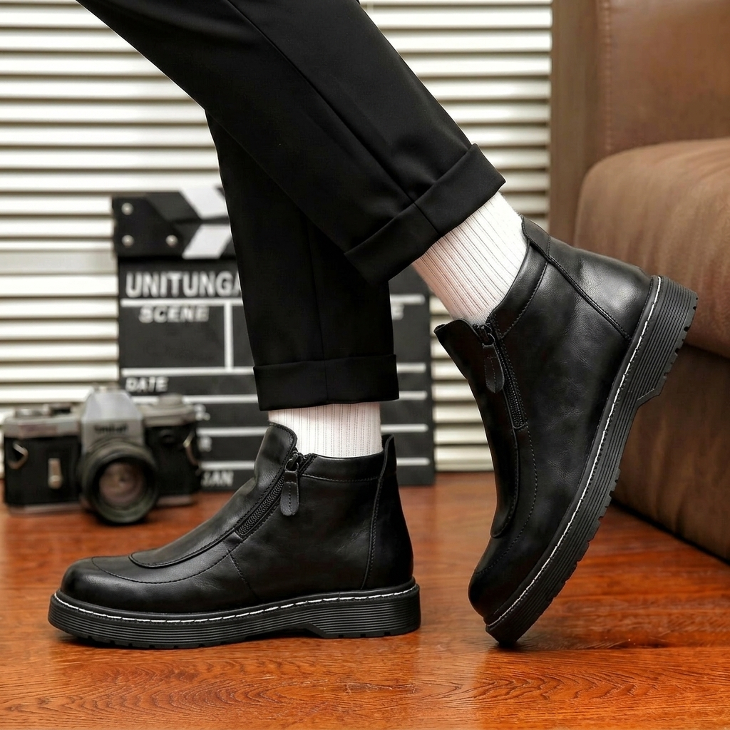 Sepatu Formal Sneakers Pria Kerja Pantofel Boots Resleting Hitam