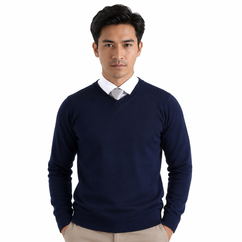 Sweater Rajut Pria V Neck Navy Atasan Knitwear Cowok Kerah V Rompi Lengan Panjang Baju Hangat Kerja 