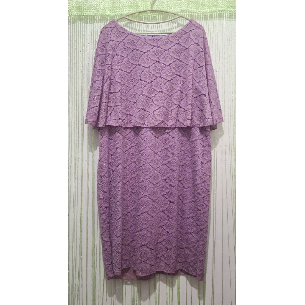 dress full brukat wanita jumbo lengan panjang warna ungu, big size