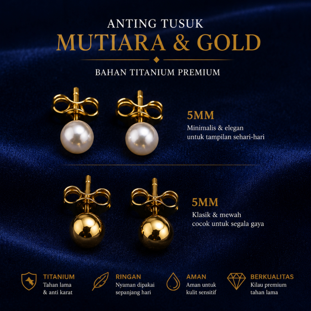 Anting Giwang Titanium model Bola polos gold dan Mutiara Putih Anti Karat dan Alergi, Tahan Lama