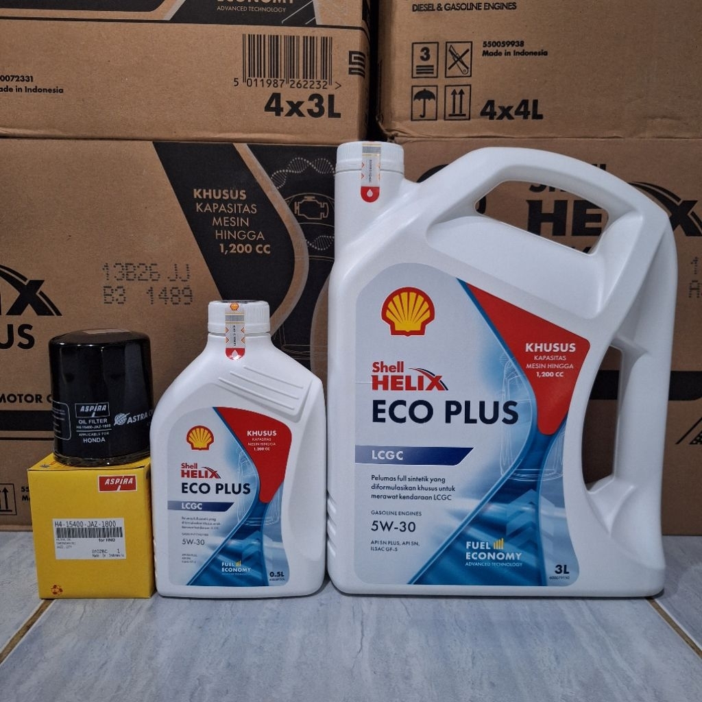 khusus HONDA BRIO,  Paket Oli SHELL ECO PLUS 5W-30 3,5 Liter dan filter oli honda brio
