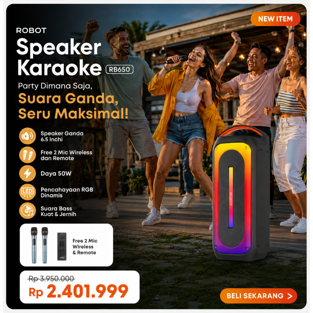 ROBOT Speaker Karaoke 50W Dual Microphone Wireless RGB Light Bluetooth 5.0 Speaker Bluetooth 6.5 Inc