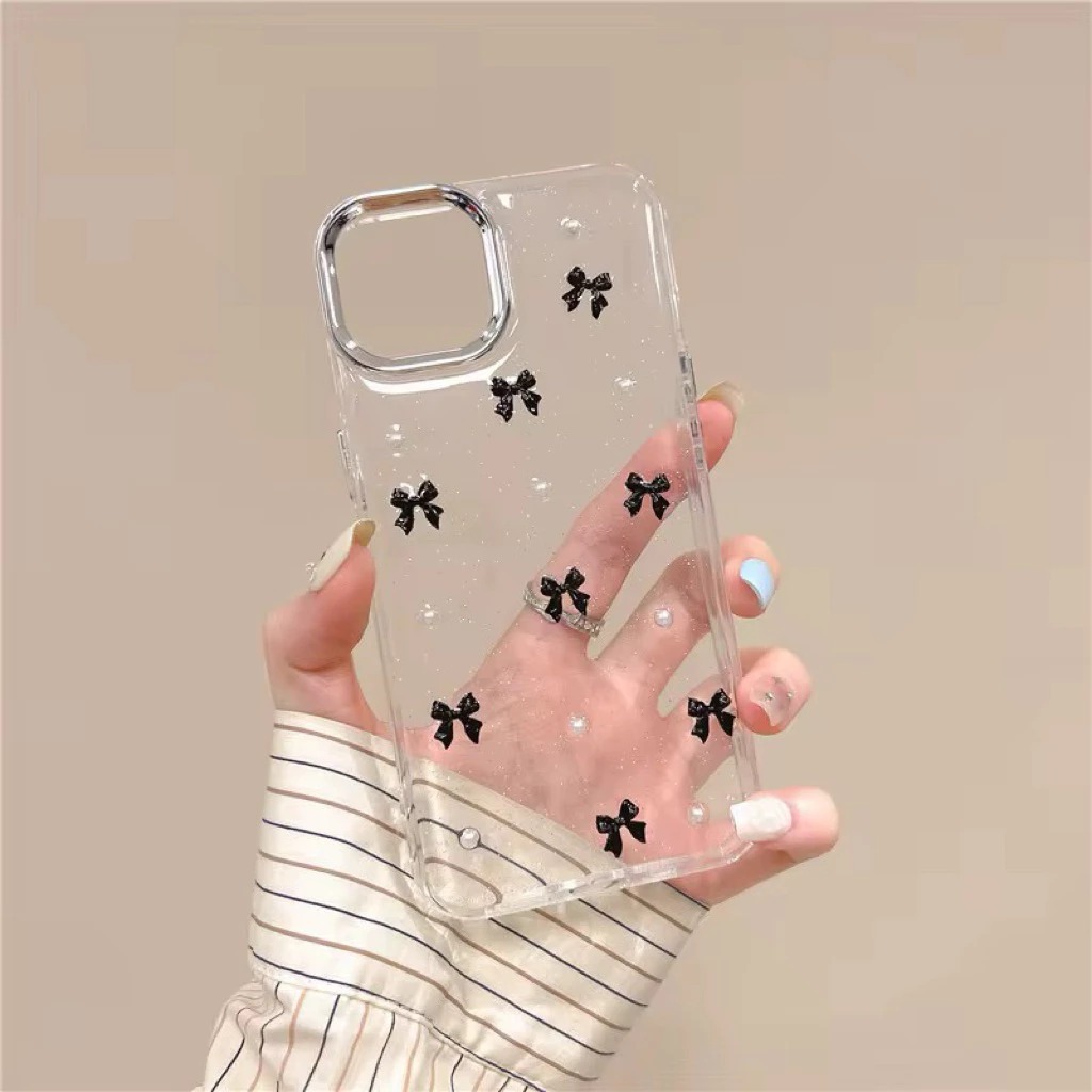 Clear Case Ribbon Glitter iPhone Casing Pita Korea Estetik Transparan
