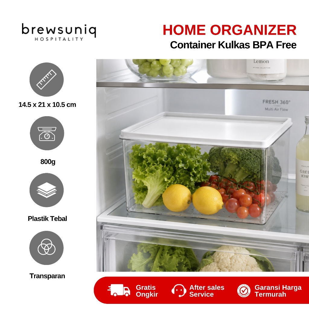 BREWSUNIQ - Container Kulkas BPA Free 2200ml | Food Container Transparan Fridge Rak Wadah Sayur Buah