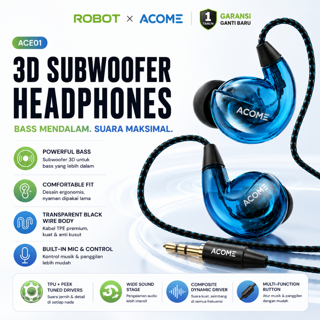 ACOME Headset Kabel 3.5mm Super Bass Comfort Fit Anti Kusut ACE01 Bergaransi Original