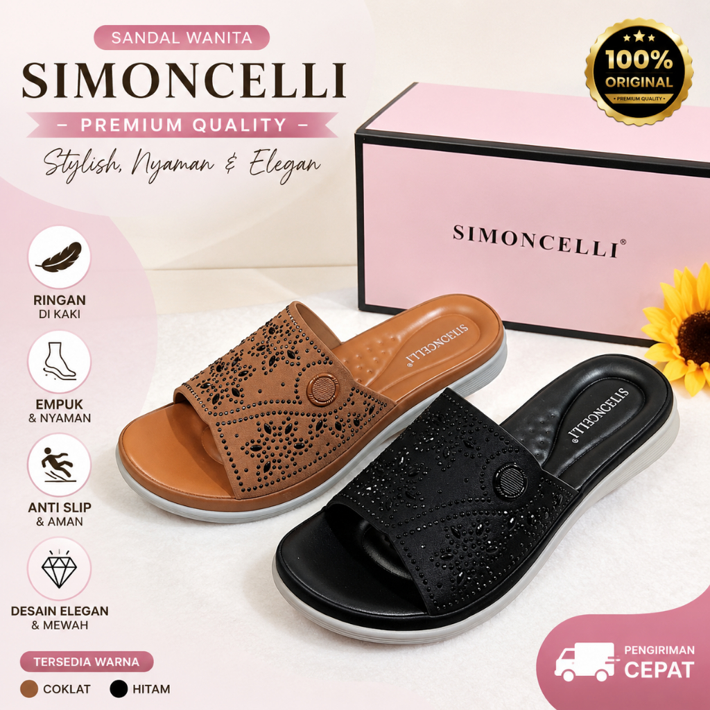 Sandal Wanita SIMONCELLI Original Slip On Glitter Premium Sandal Casual Empuk Anti Slip Fashion Wani
